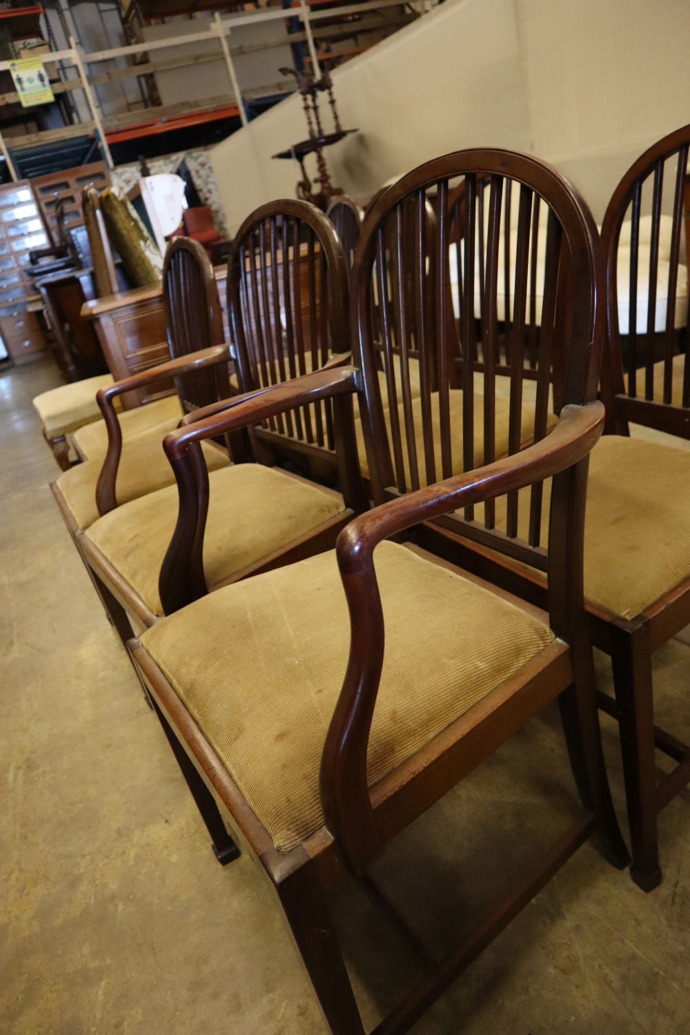 A set of nine Edwardian Hepplewhite white style mahogany dining chairs, including two carvers, with reeded backs and drop in seats, on
